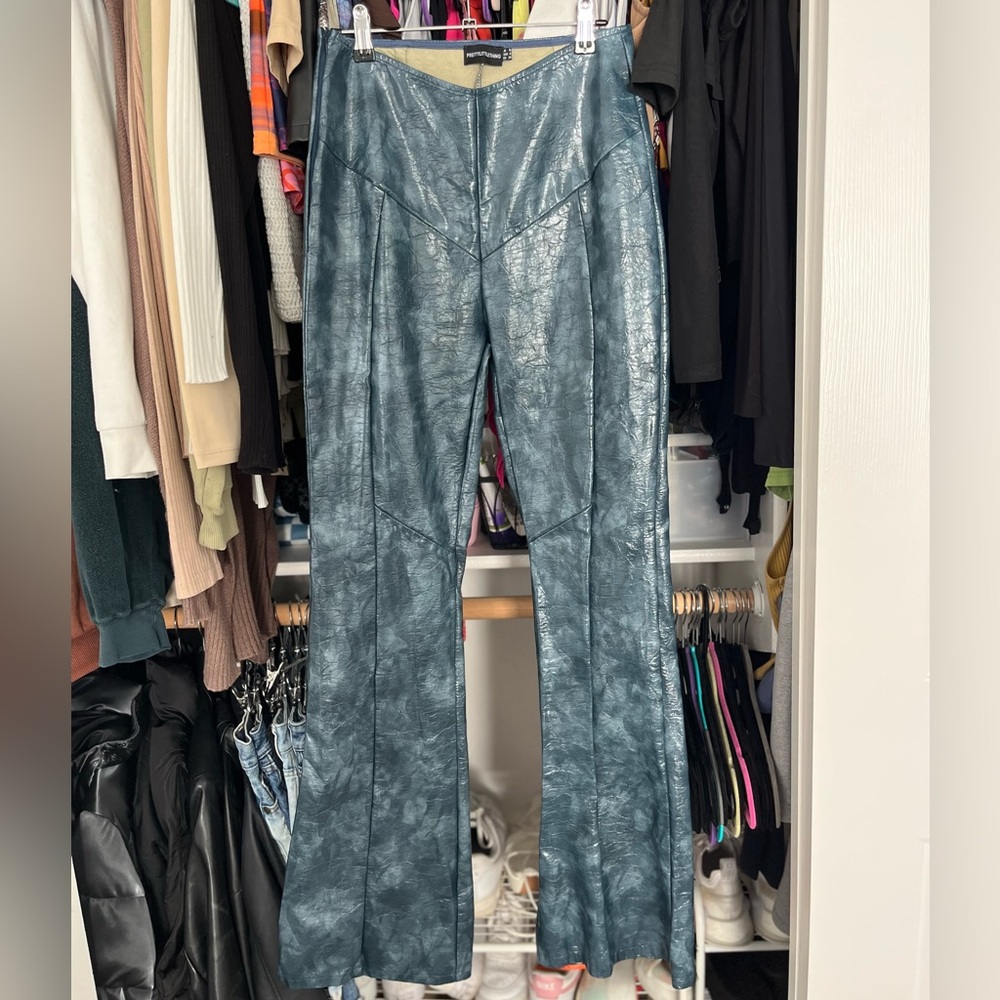 PrettyLittleThing Blue Marble Leather High Waist Flare Pants
